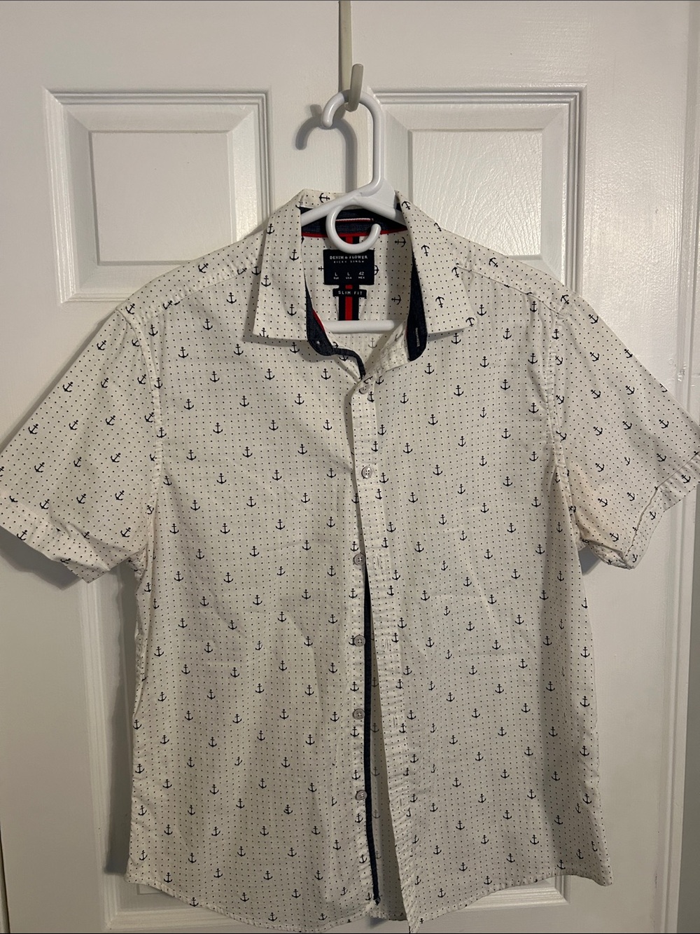 Nautical Anchor-Print Button-Down Shirt SLIM FIT,White and Navy. Denim accents.
